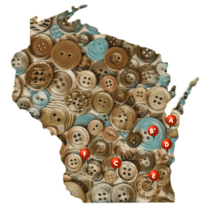 State of WI covered in buttons with red pins marking 6 club locations
